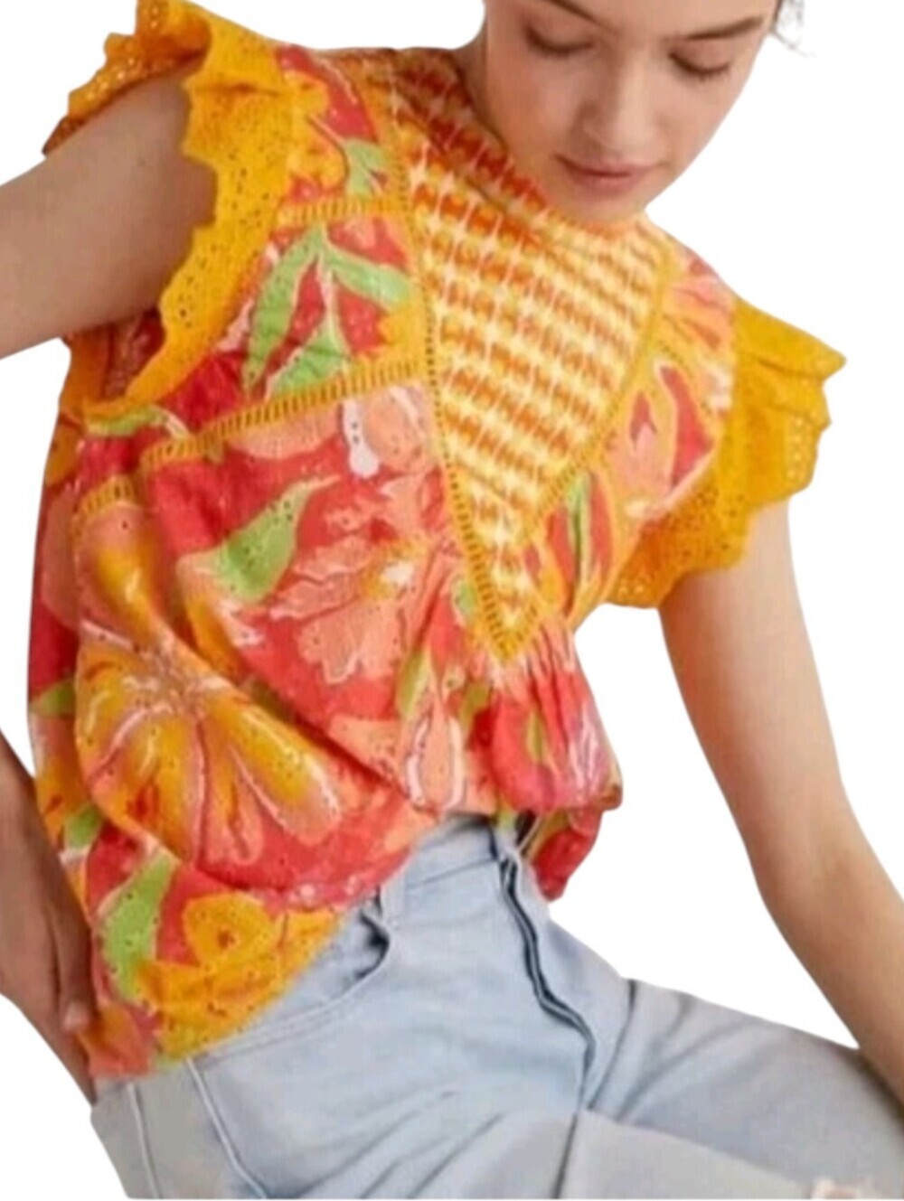 Anthropologie Verb Women's Size M Eyelet Lace Vibrant Floral Blouse Top